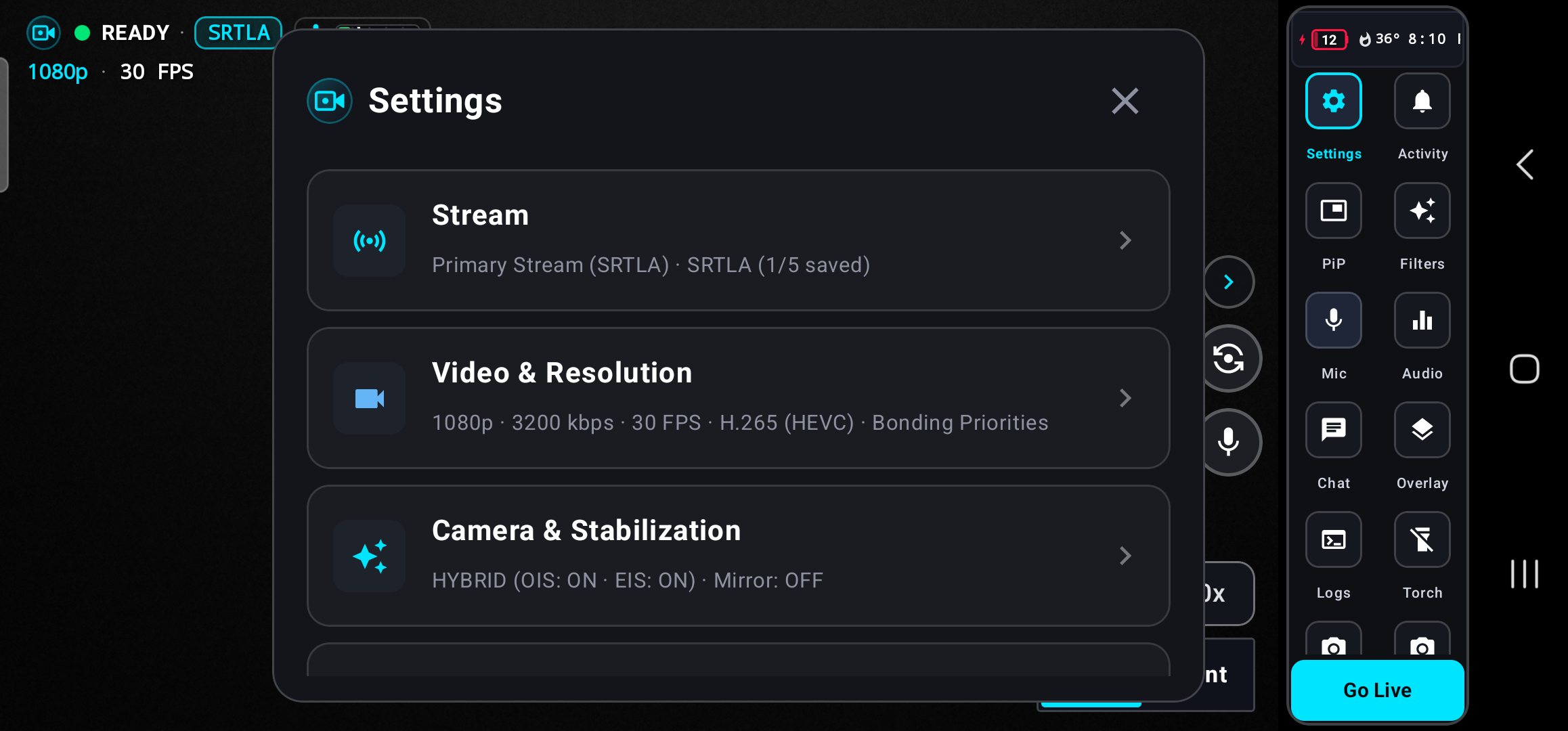 IRL Studio studio settings modal with SRTLA multi-link bonding, video resolution, and camera stabilization